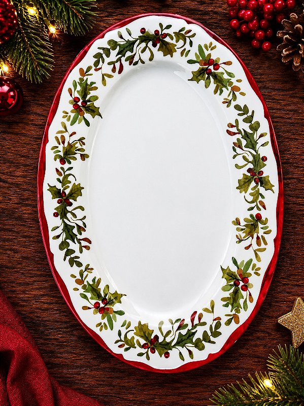 Travessa Oval em Melamina com Azevinhos Natalinos – 35 x 26 cm