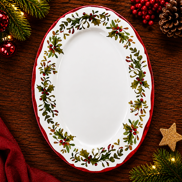Travessa Oval em Melamina com Azevinhos Natalinos – 35 x 26 cm
