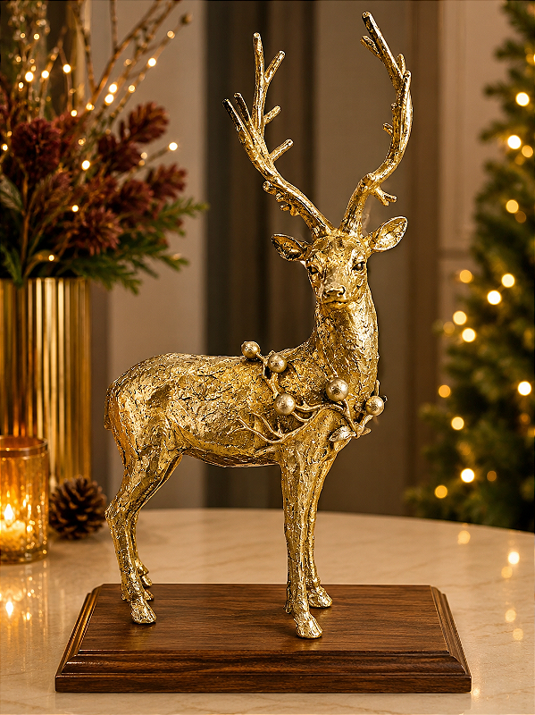 Rena Decorativa de Natal em Resina Dourada Fosca com Detalhes em Prata Envelhecido – 48,5 cm
