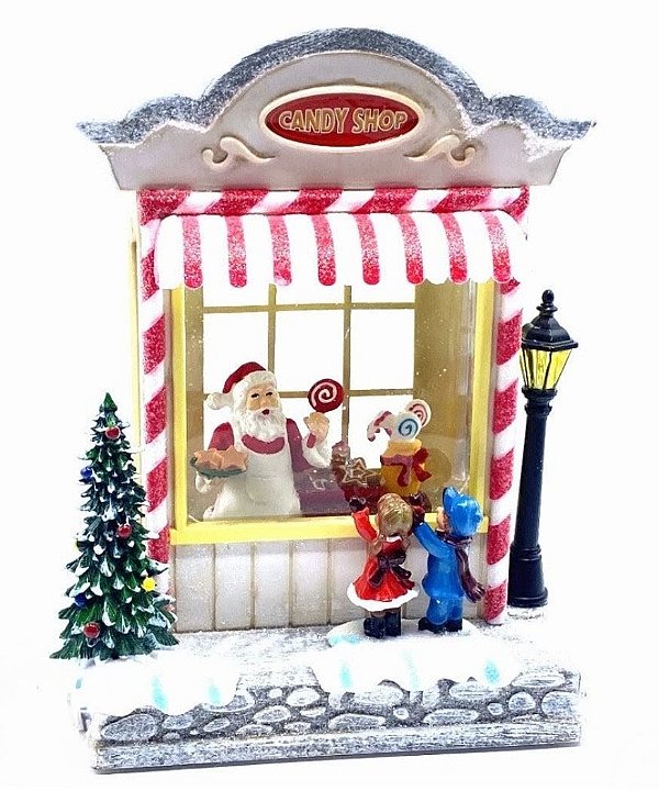 Loja Candy Shop Natalina com LED, Música e Movimento em Resina 22,5 cm | Vila Natalina Iluminada | Decoração de Natal Premium | Delicare Home