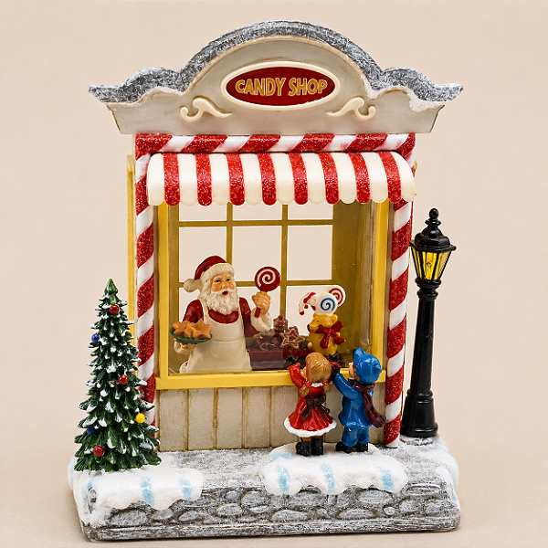 Loja Candy Shop Natalina com LED e Música em Resina 22,5 cm