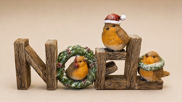 Enfeite Decorativo Noel em Resina 24 cm | Palavra NOEL com Passarinhos Natalinos | Decoração de Natal Rústica Premium | Delicare Home