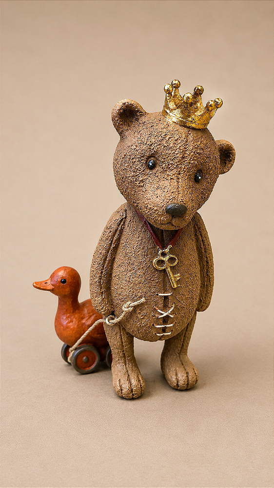 Urso Decorativo em Resina com Coroa Dourada e Patinho 13 cm | Escultura Infantil Vintage | Decoração Premium | Delicare Home
