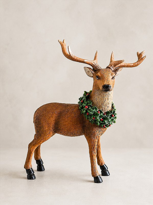 Rena Decorativa em Resina 26 cm com Guirlanda Natalina | Rena de Natal Marrom com Acabamento Artesanal | Decoração de Natal Premium | Delicare Home