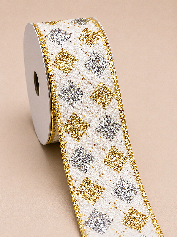 Fita Aramada Veludo Branco com Losangos Dourado e Prata em Glitter 3,8 cm x 9,14 m | Delicare Home
