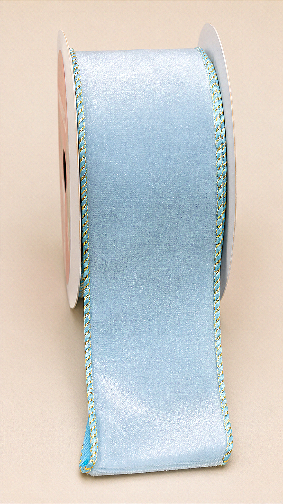 Fita Aramada Azul Claro Aveludada 6,3 cm x 9,14 m | Acabamento Dourado | Delicare Home