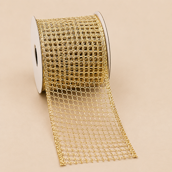 Fita Aramada Dourada Vazada com Glitter 10 cm x 9,14 m | Elegância para Árvores de Natal | Delicare Home