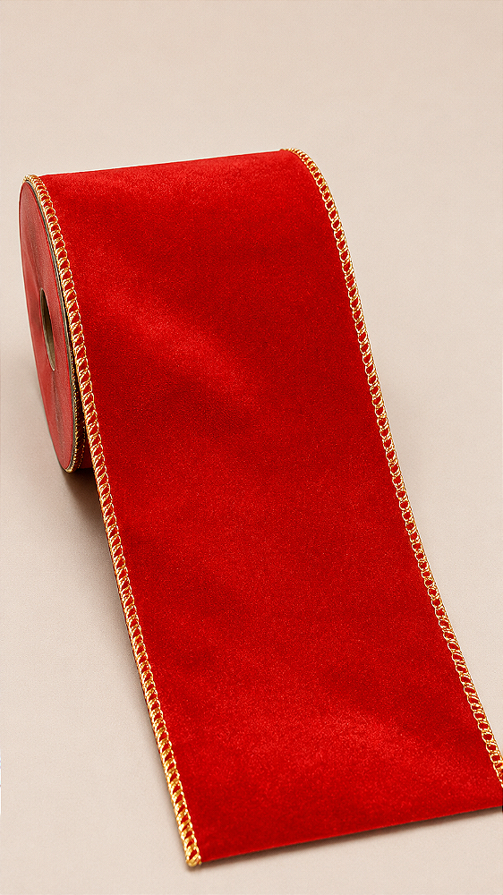 Fita Aramada de Veludo Vermelha com Bordas Douradas 10 cm x 9,14 m | Clássica para Árvores de Natal | Delicare Home