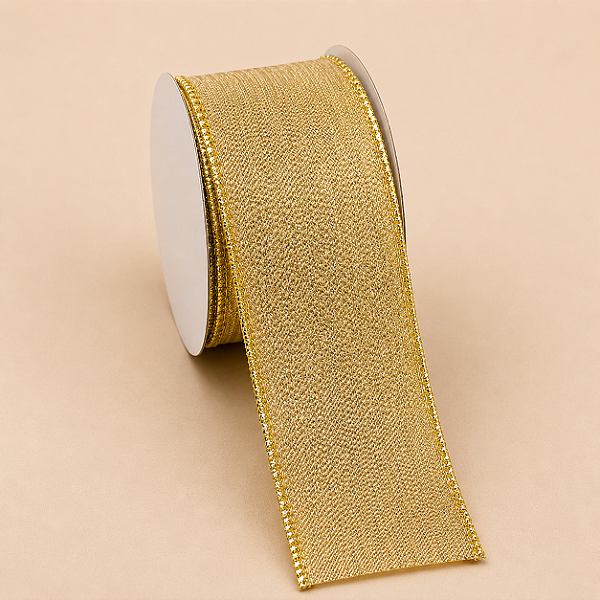 Fita Aramada Dourada com Detalhes em Glitter 4,5 cm x 9,14 m | Fita Natalina Premium | Delicare Home