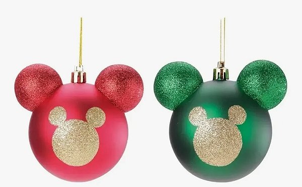 Conjunto com 2 Bolas de Natal Mickey e Minnie 10 cm | Vermelha e Verde com Glitter | Disney Licenciado | Delicare Home