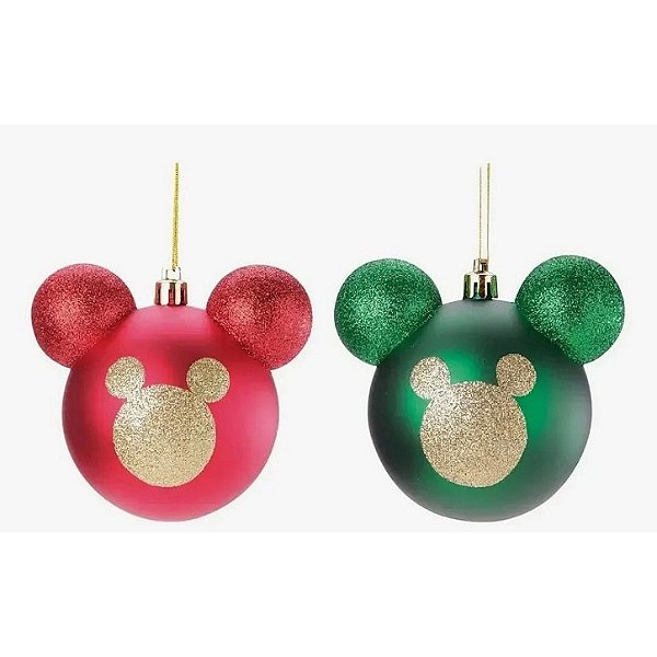Conjunto com 2 Bolas de Natal Mickey e Minnie 10 cm vermelha e verde com glitter licenciado