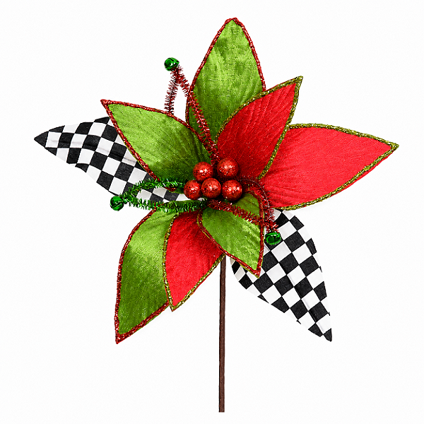 Flor Bico de Papagaio Xadrez Vermelho e Verde 23x30 cm | Flor Natalina Decorativa Premium para Árvore de Natal e Guirlanda