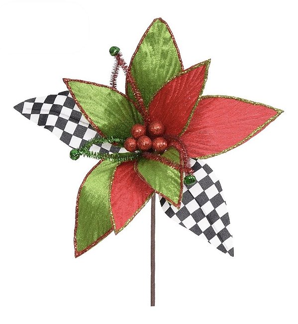 Flor Bico de Papagaio Xadrez Vermelho e Verde 23x30 cm | Flor Natalina Decorativa Premium para Árvore de Natal e Guirlanda