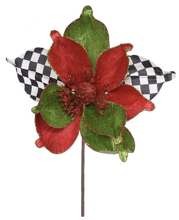 Flor Bico de Papagaio Xadrez Vermelho e Verde 20x25 cm | Flor Natalina Decorativa Premium para Árvore de Natal, Guirlandas e Arranjos | Delicare Home