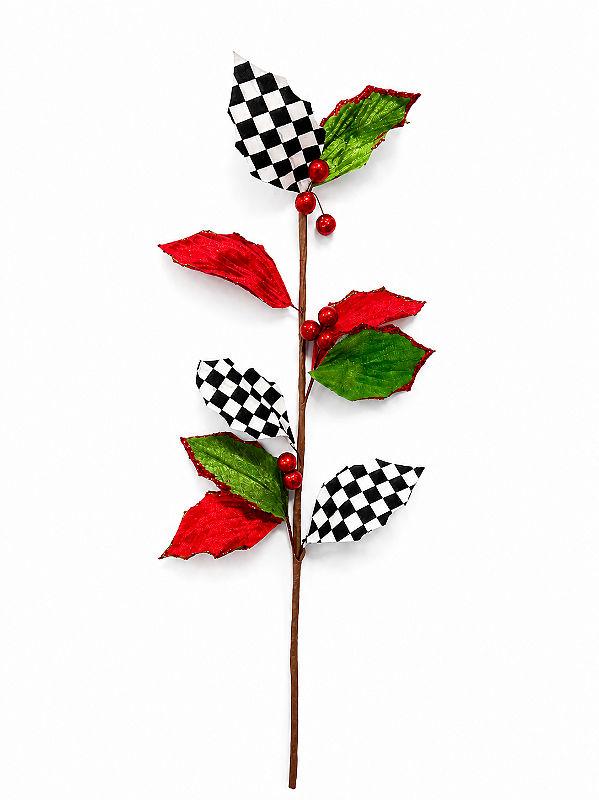 Pick Folhas Xadrez Vermelho, Verde e Preto 55 cm | Galho Decorativo Natalino Premium para Árvore de Natal, Guirlandas e Arranjos | Delicare Home