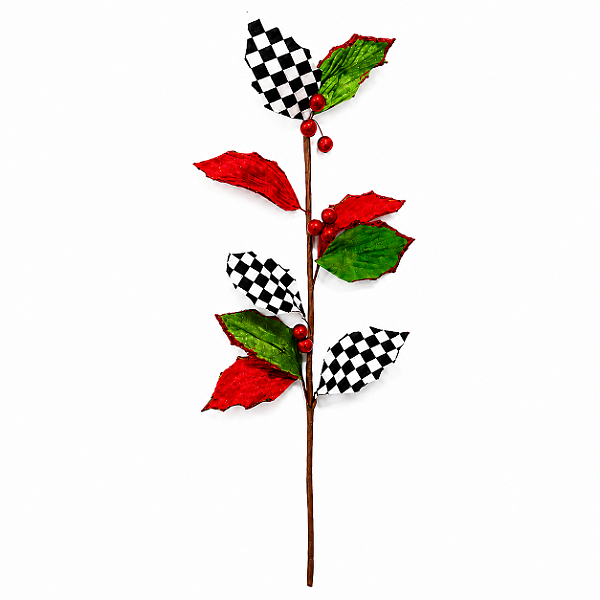 Pick Folhas Xadrez Vermelho, Verde e Preto 55 cm | Galho Decorativo Natalino Premium para Árvore de Natal, Guirlandas e Arranjos | Delicare Home