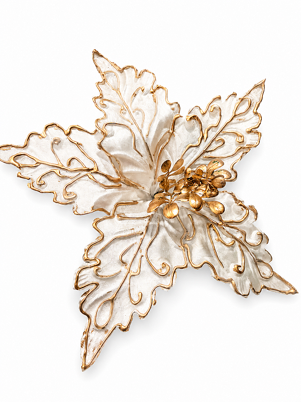 Flor Bico de Papagaio Branca com Arabescos Dourados em Relevo 32 x 38 cm | Flor Decorativa Natalina Premium para Árvore de Natal | Delicare Home