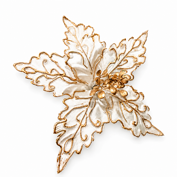 Flor Bico de Papagaio Branca com Arabescos Dourados em Relevo 32 x 38 cm | Flor Decorativa Natalina Premium para Árvore de Natal | Delicare Home