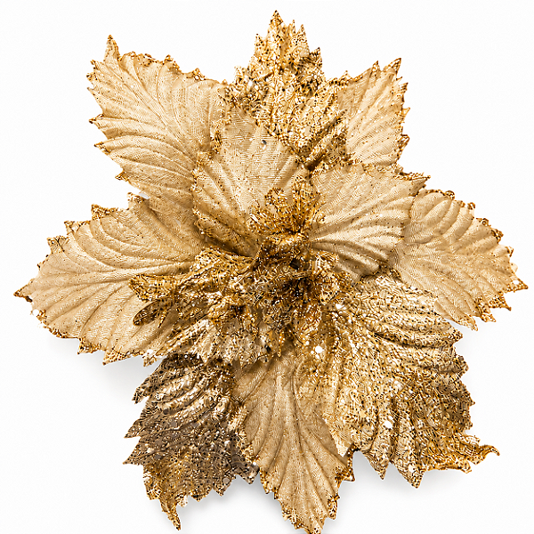 Flor Bico de Papagaio Dourada em Veludo com Glitter 26 x 40 cm | Flor Decorativa Natalina Premium para Árvore de Natal | Delicare Home