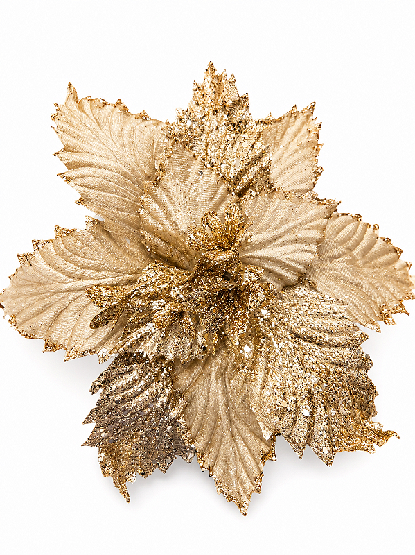Flor Bico de Papagaio Dourada em Veludo com Glitter 26 x 40 cm | Flor Decorativa Natalina Premium para Árvore de Natal | Delicare Home