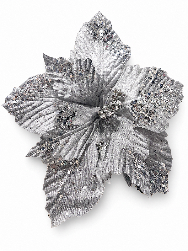 Flor Bico de Papagaio em Veludo Prata com Lantejoulas nas Pontas 25 x 44 cm | Flor Decorativa Natalina Premium para Árvore de Natal | Delicare Home