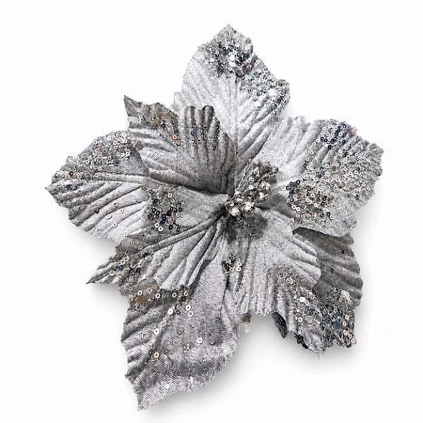 Flor Bico de Papagaio em Veludo Prata com Lantejoulas nas Pontas 25 x 44 cm | Flor Decorativa Natalina Premium para Árvore de Natal | Delicare Home