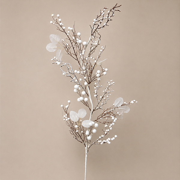 Galho Nevado com Texturas e Frutinhas Brancas – 80 cm | Galho Decorativo para Árvore de Natal