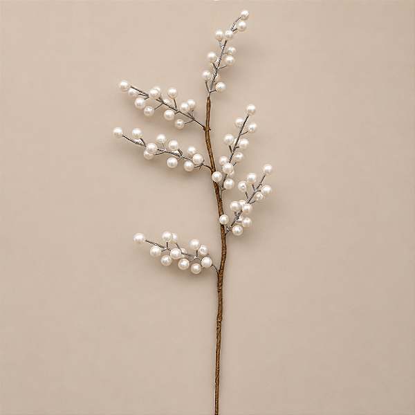Galho de Berries Brancas Peroladas – 55 cm | Haste Decorativa Natalina