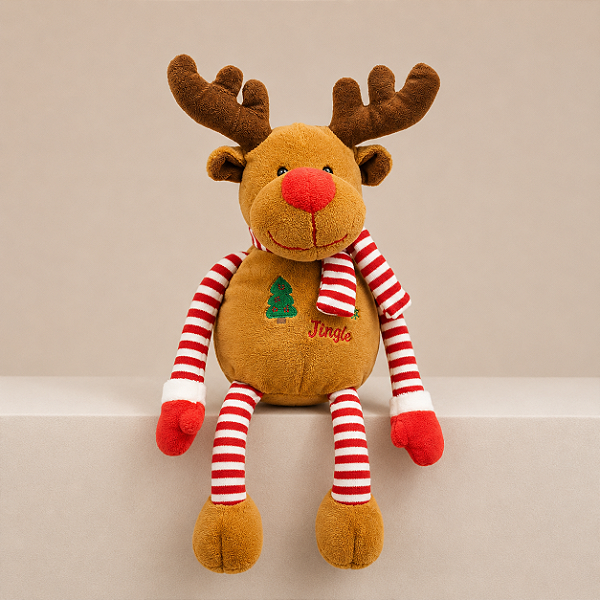 Rena de Pelúcia Plush 42 x 12 cm com Pernas Articuladas Listradas | Enfeite para Decoração de Natal Premium | Delicare Home