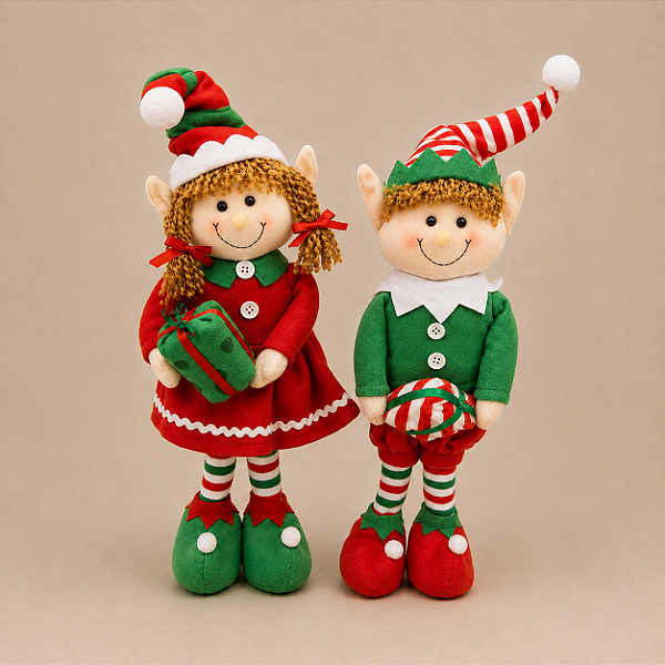 Casal de duende de Natal Decorativos em Pé 58 x 14 cm com Peso na Base e Touca Aramada | Boneco Duende Natalino com Presente | Decoração de Natal Premium | Delicare Home
