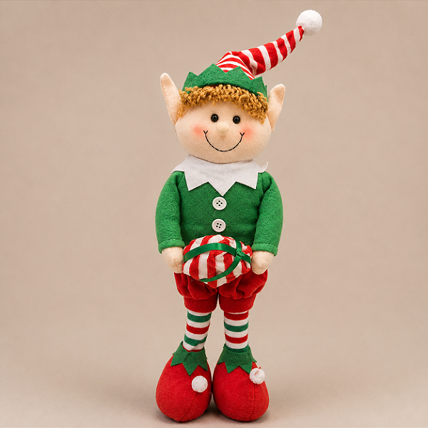 Duende de Natal Decorativo em Pé 58 x 14 cm com Peso na Base e Touca Aramada | Boneco Duende Natalino com Presente | Decoração de Natal Premium | Delicare Home