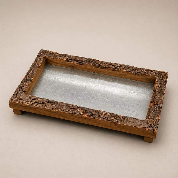 Bandeja Decorativa de Madeira com Acabamento em Cascas Naturais 45 x 23 cm | Bandeja Rústica Premium com Base Elevada | Delicare Home