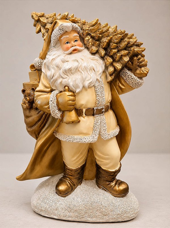Papai Noel Decorativo em Resina com Árvore de Natal LED 39 cm | Papai Noel Dourado Premium com Iluminação para Decoração de Natal | Delicare Home