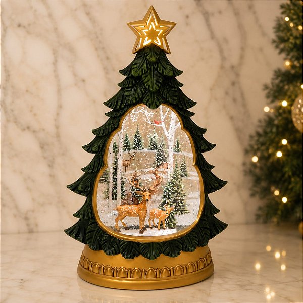Árvore de Natal Iluminada com Som e Cenário Nevado 32 cm
