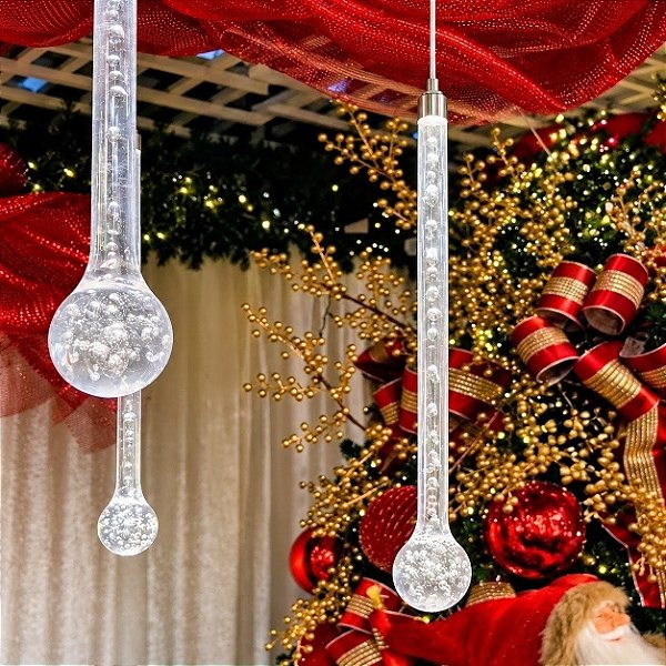 Pendente Gota com LED Branco Quente 1,80 m – 10 Gotas Transparentes em Metal Prata