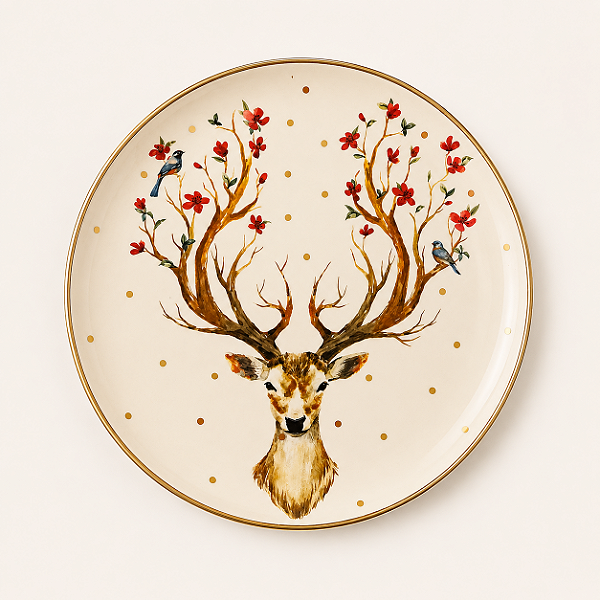 Prato de Porcelana com Rena e Filete Folheado a Ouro – 20 cm