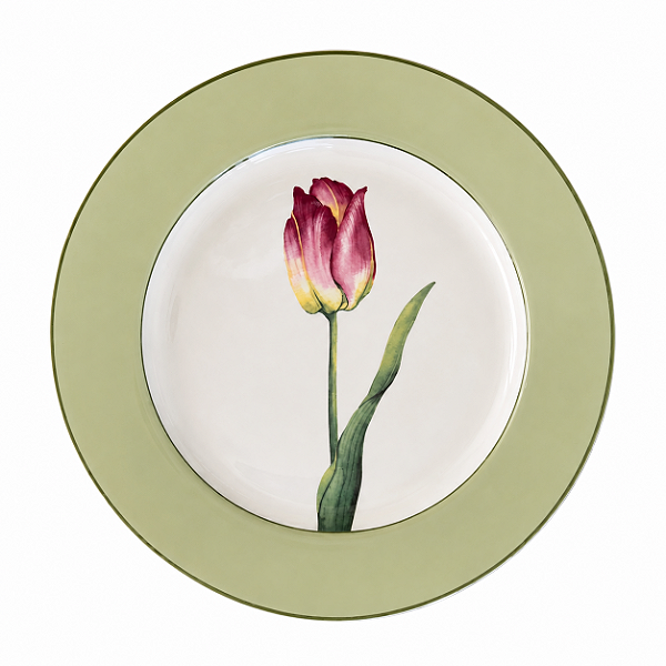 Prato Raso em Porcelana com Tulipa e Borda Verde – 27 cm