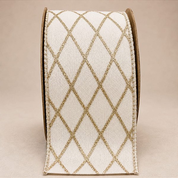 Fita Aramada Dupla Face Branca e Champagne com Glitter – 6,3 cm x 10 m