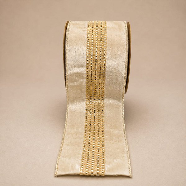 Fita Aramada Dupla Face Bege e Champagne com Aplique – 10 cm