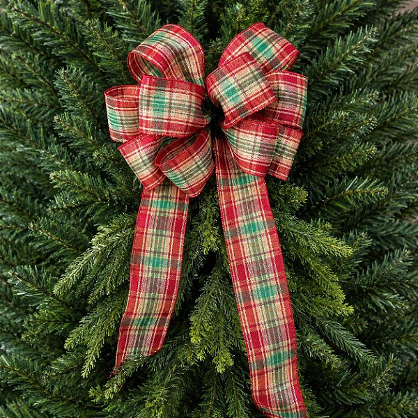 Laço Grande de Natal 5 Pontas Xadrez Vermelho e Verde com Dourado 30 x 80 cm