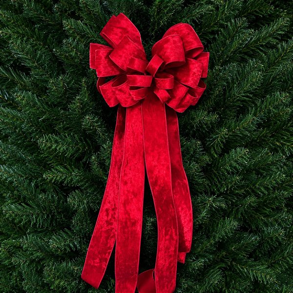 Laço Grande para Topo de Árvore de Natal em Veludo Vermelho 6 Pontas 38 x 90 cm