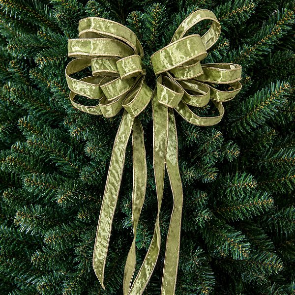 Laço Grande para Topo de Árvore de Natal em Veludo Verde e Champagne 8 Pontas 90 x 38 cm