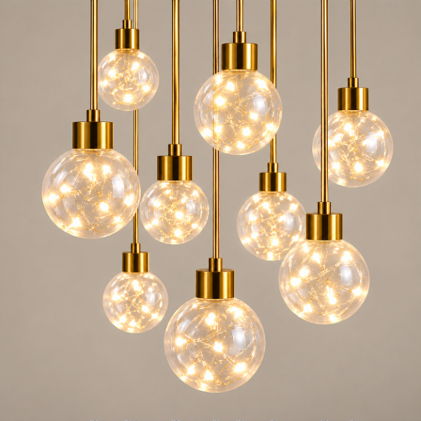 Pendente Gota com LED Branco Quente 1,80 m – 10 Gotas em Metal Dourado