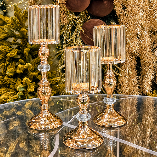 Trio de Castiçais Porta-Velas Dourados com Vidro