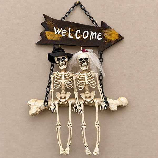 Enfeite Pendente Casal de Caveiras Halloween Welcome 60 x 40 cm