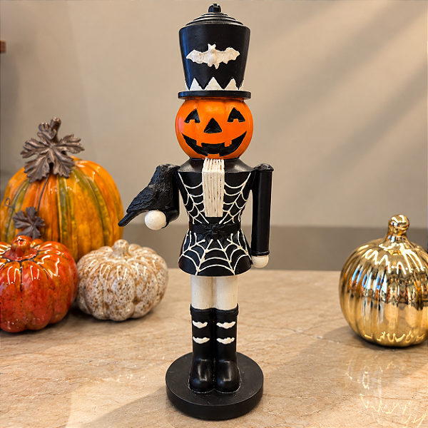 Quebra-Nozes Abóbora Halloween com Corvo em Resina