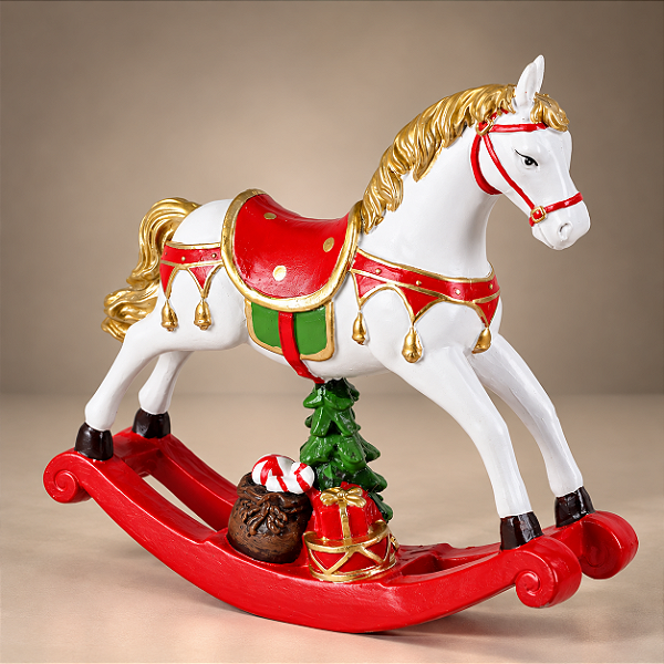 Cavalo de Balanço Natalino em Resina 17 x 18 cm – Vermelho, Branco e Dourado