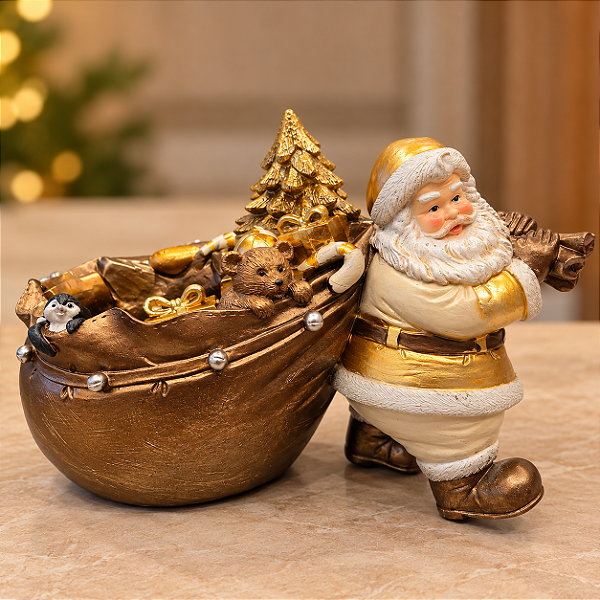 Papai Noel com Saco de Presentes Porta-Árvore Dourado em Resina 17 x 22 cm