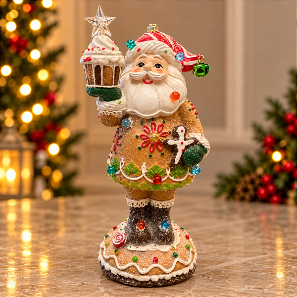 Papai Noel Cookie Gingerbread com LED em Resina 30 cm