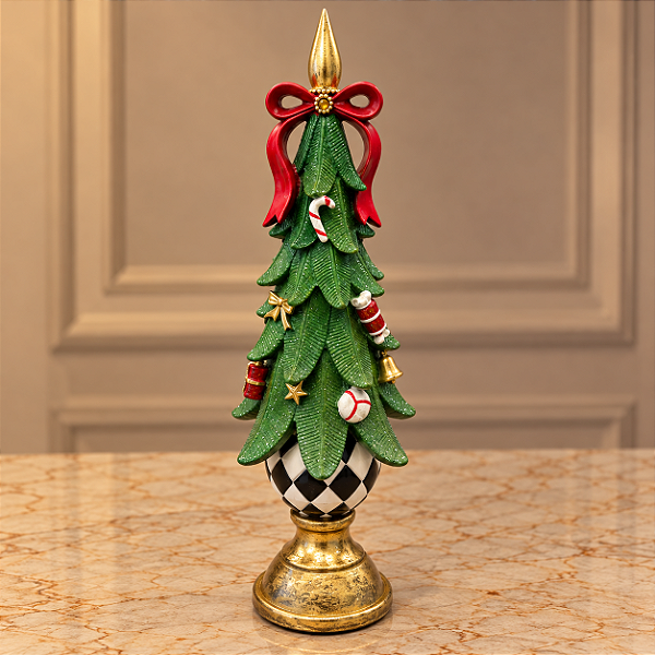 Árvore de Natal Lollipop em Resina 38 cm com Base Xadrez e Dourada